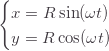 \begin{equation*} \begin{cases} x=R\sin(\omega t)\\ y=R\cos(\omega t) \end{cases} \end{equation*}